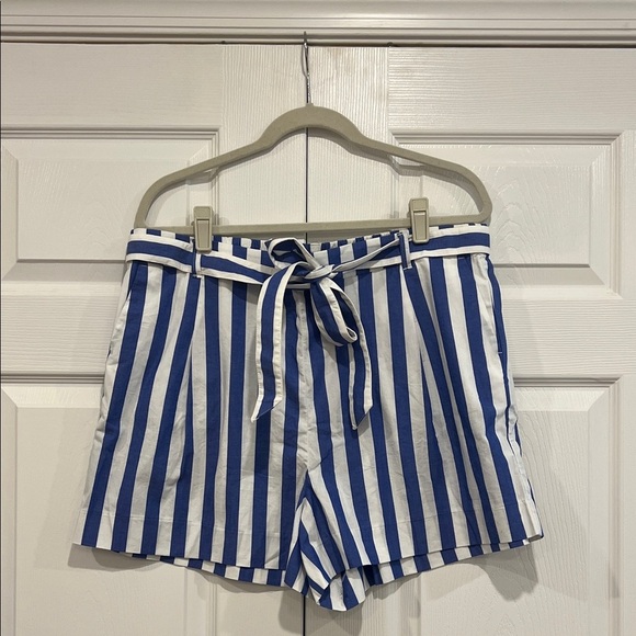 J. Crew Factory Pants - J. Crew Factory Striped Cotton-blend Poplin Tie-waist Shorts Blue White Size 16